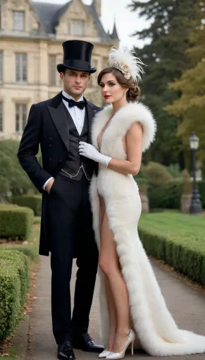 A glamorous couple standing together in an elegant outdoor setting, evoking the sophistication of the early 20th century. The woman is full naked complemented by a fur stole and an elaborate feathered headpiece. She carries a stylish handbag. The man is in a classic tuxedo with a top hat, featuring a white vest and a boutonnière. Behind them is a vintage car parked along a tree-lined street, with grand architecture visible in the background, adding to the opulent atmosphere.