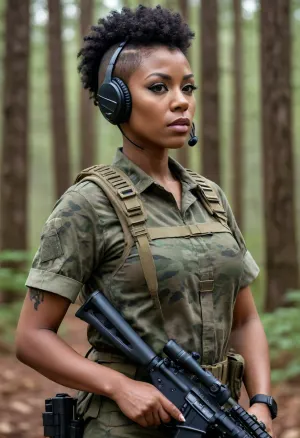 Maserati, female soldier, black woman, black Mohawk with shaved sides, military, sniper, dynamic pose, forest camouflage uniform, large breasts, detailed camo pattern, headset, serious expression, light makeup, action shot