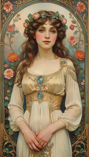 Rating_explicit, illustration of a mature woman in an art nouveau style garden, idealized feminine face in the style of Alphonse Much, inklines, surrounded by blooming flowers and vines, semi-nude, dark triangular pubic hair, delicate floral crown, soft pastel colors, long wavy hair, serene and elegant expression, graceful pose, golden decorative elements around her, romantic and dreamy lighting, art nouveau background with ornate lines and natural curves, fine art photography, highly detailed, magical and ethereal atmosphere, soft focus on edges, of, Alphonse, Mucha, idealized feminine face in the style of Alphonse Mucha, soft porcelain skin, oval facial structure, large almond-shaped eyes with dreamy gaze, delicate natural makeup, long flowing wavy hair, floral ornaments, art nouveau aesthetic, stylized beauty, subtle shadows, golden ambient lighting, intricate decorative frame, vintage elegance, classic poster girl, <lora:tbh200-sdxl:.8>, <lora:Klimt_x_Picasso__Amalgamation_Style_SDXL:.8>