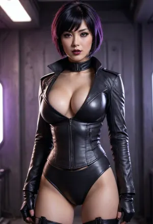 Captain Motoko, female, close up, short choppy dark purple/black hair, full body, ((large breasts)), sexy, dark clothing, black leather jacket, purple/black lipstick, blush on cheeks, expression confident, slightly suggestive, detailed, high contrast, low saturation, dynamic lighting, (sci-fi)