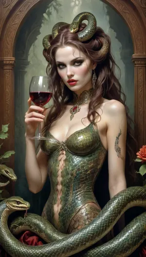 Art Nouveau style, ((Art Nouveau ornament of flowers, scales)), a woman Looks like a Snake queen, ((((drinks wine)))), (((Snake Kings daughter, two long sharp fangs))), an airbrush painting, by Luis Royo, michael whelan and karol bak, (((snake queen with snake eyes))), asymmetrical Nouveau epic fantasy art, art style hr giger and beksinski, fantasy skull, boris vallejo and tom bagshaw, cute face. dark fantasy, colorful, high detail, impeccable image quality, ultrarealism, Ivan, Bilibin, page, <lora:Ivan Bilibin Style:.5>, <lora:Snake_Woman-000001:.8>, novuschroma15, <lora:novuschroma15 style:.8>