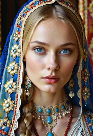 The face of a beautiful girl, young, russian, pretty, very narrow face, skinny, skinny face, high forehead, powerful jaws, a prominent strong-willed chin, a straight nose, very large round blue eyes, blonde, white skin Portrait of a Russian beauty in national costume, lace filigree of bright, rich color. Super clear, highly detailed watercolor, glaze technique, plus colored alcohol ink, style of V. Vasnetsov