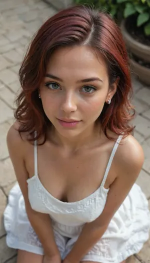 Beautiful 18yo girl, kneeling, sundress, red hair Tanned skin. View from above looking down on sun dress. Close up. Elegant. Sensual. Thin face. Small tits. Sweaty hair. Her face is visible sexy face. Slutty expression. Sultry smile