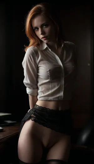 In loft, professional photography, high quality, artistic, soft, chiaroscuro, ((very contrasting light)), romantic atmosphere, in street, beautiful thin ginger hair woman secretary 20 year old, unbuttoned white shirt, show nipples, show pussy, upskirt, black lace bra, lace black skirt, no panties, stockings, back view, unwearing her, caressing tits, caressing pussy, sitting upon computer, porn on screen, fingering, hand in panties, (((windyskirtlift))), (((wind, lift, tug))), ((windyupskirt)), hairy pussy, skirtlift, great, lighting, undressing, <lora:skirtlift_xl:.5>, <lora:add-detail-xl:2>, <lora:great_lighting:2>, <lora:dark:.8>, <lora:undressing_XL_v1:2>