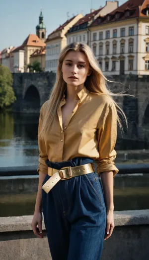 dark blue baggy paperbag slouchy jeans, very long hair, gold belt, prague, slouchy style, ponytail, blonde hair, gold blouse