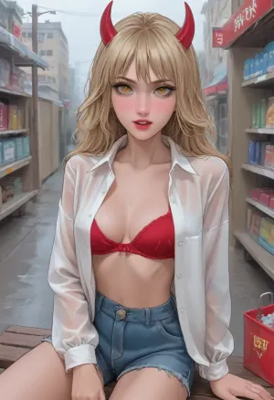 Aroma, (2d sketch:1.5), The anime character "Chainsaw" Power is a young girl with blonde hair, whose long hair reaches the middle of her back. She has light red devil-like horns sticking out of the top of her head, red and yellow cross-shaped eyes, and sharp teeth with well-defined fangs. She's wearing an ordinary shirt with two slightly unbuttoned buttons, a push-up bra that accentuates her breasts, short shorts that stick into her vagina, a beautiful, neat vagina, sitting on a bench in the rain, all wet, next to a Japanese-style store., white background, front view, ratatatat74, <lora:NEOTOKIOXL_0.2_RC:.8>, <lora:cartoon_stickers_xl_v1:.8>, <lora:ratatatat74-000050:.8>, <lora:outline_xl_kohaku_delta_spv5x:.8>