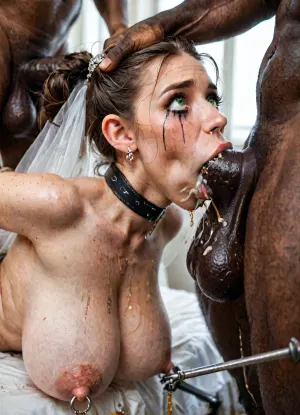 interracial, beautiful, 21 year old Persian woman, sleep on bed, ((Iranian curvy bride face)), (wedding dress), (bride), (((balls deep deep throat and pissing in it))), (((piss in throat))), (chocking), very large, (large black Penis piss in her mouth), blowjob, piss, pee, Close Up, ahego face, cum on her face, (((excessive piss explode in her mouth))), detailed skin texture, choker, raven black pixie cut, arabic style makeup, side View, realistic lighting, soft shadows, high detail, hyperrealistic, 8K, BadX, dvr-shrp, rope, bondage, deepthroating, a, man's, penis, blsdp, (large heavy nipple rings:1.5), (leg spreader bar:1.2), UHD 8K, cinematic masterpiece, maximum details, maximum quality, maximum realism, masterpiece, award winning photo, extremely detailed face, (wide expressive emerald-green eyes:1.3), detailed with reflective highlights, (long curled dark eyelashes:1.2), (delicately arched golden eyebrows:1.2), deepthroat, throatfuck, veiny throbbing muscular, ((lying on back)), ((hands tied behind back, hogtied)), fullcolor image, 8K quality, (((woman fucked very hard and rough by 5 big ancient antropomorph black monsters with gigantic dick)), her arms are on her back, the big monster fucks the woman anus, the ass is very stretched by the giant cock, the womans eyes are rolled up, her mouth is open in a scream of pleasure and pain, anal sex, ((antropomorph gigantic dick in mouth:1.3))), ((spitroast)), ((gangbang)), (double anal penetration), hardcore double penetration, proper physics, painful sex, (monster is choking her from behind:1.4), ((hogtied, bound for sex, tied up)), (black eyes), (pale skin:1.3), cock in mouth, (brutal face fuck), Blowjob, (tears in eyes:1.5), (running makeup), (cum drips from nose:1.3), (cum drips from mouth:1.3), random pose, random view angle, (pulled nipples:1.2), nipple clamps, spitroast, cum explosion from mouth, cum explosion from nose, wide eyes, throat bulge, puffy cheeks, thick cum, holding her head with both hands, screaming, shocked, tearful, deep anal penetration, cum explosion, ahegao, (((hyper large cock in mouth:1.3))), (pigtails:1.3), (side view), <lora:dvr-shrp:.5>, <lora:Image Enhancer XL Extreme v1:.5>, <lora:EnvyZoomSliderXL01:.5>, <lora:LCM_LoRA_Weights_SDXL:.8>