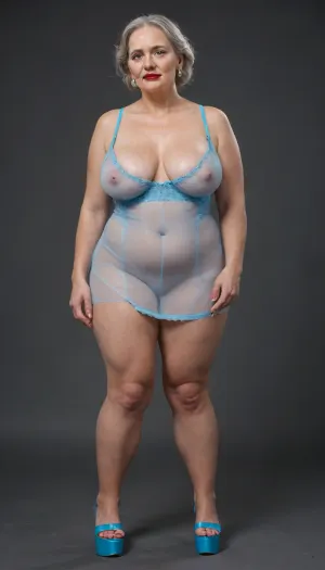 Chubby old granny, wearing transparent blue platform heels, Red lipstick, made up like a whore, wrinkled skin, bondaged tits, Turned to viewer, uhd