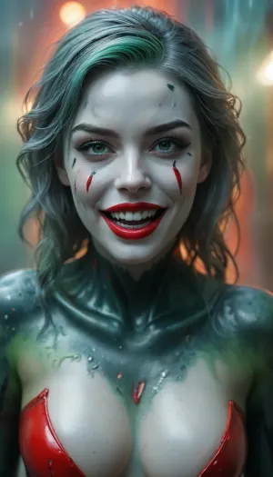 ((full body view)), candid, solo focus, (supergirl:1.1), ((Jokerized)), laughing, vulkanian ears, blue skin, (green fog:1.3), ((white skin1.3)), ((wide smile, red lips:1.4)), ((bimbofication)), whore, slut, voluptuous, latex, ((revealing cut-outs costume)), ((cameltoe:1)), tears, crazy eyes, fangs, indoors, ((corrupted)), insane, madness, sexy, horny, break, young face, sweat realistic skin, sexy expression, (high resolution), (extreme detail), ((HDRI)), (ultra realism:1), (maximum detailed skin:1), (((narrow waist))), <lora:MJ52:.6>, <lora:Creat0r_MagicDetailzV2_FIX:.6>, <lora:mythsxl:1.1>, <lora:Stunning_Beauty_XL-000009:.3>, Perfect, Fangs, sharp, teeth, fang, <lora:Unfazed vampire - XL SDXL V1.0:.8>