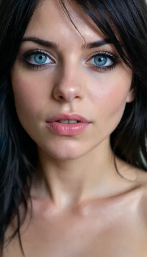 a very close view on face of a beautiful_cheeky emo girl, wild girl, Dimples on cheeks, 35 years old, Italian, Naked, In full growth, Beautiful pose, long black messy hair, bright blue eyes, Skinny, Caressing herself
