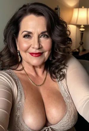 old mature 65 years old, dark brunette, medium hair, very chubby, bbw, beautiful big black eyes, glamour and fancy, messy hair, big sexy horny smile face, small saggy tits, tall, realbodiez, sexy lingerie long sleeve leather, huge hoop earrings, necklace, red lipstick, looking at the camera, selfie, face and body focus