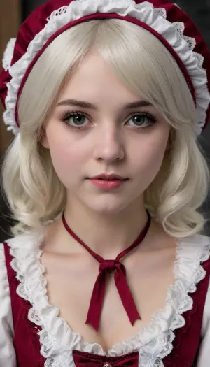 plaindoll, (teenager:1.9), realistic face, intricately detailed face, medium longwhite hair, look at me, 18 y.o. young pretty egirl, young pretty face, coquette, young mom, doll joints, bonnet, brown cloak, shy smirk, long dress, red ascot, (close up viev), masterpiece, bra, saggy breasts, big deeper cleavage, best quality, 8k, Bloodborne, sweetegl, sweetop, swe3tjsk, bl0use, <lora:Bloodborne:1.3>, <lora:SweetLolitaXLv4.23:.8>