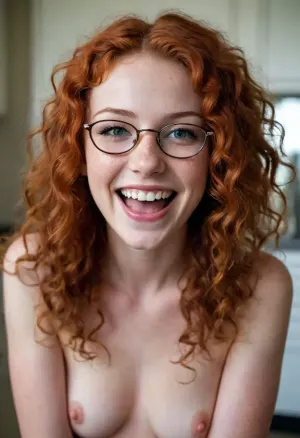 Beautiful 18 years old female, insane quality, red long curly hair, glasses, (perfect eyes), (laughing), (perfect teeth), (perfect fingers), freckles, skinny body, small breasts, view from below, complete naked, shaved pussy, kitchen background, looking at camera