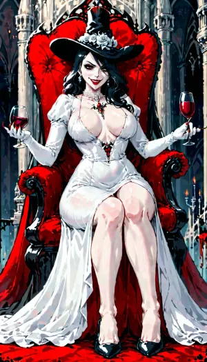 lady dimitrescu, tall mature woman, vampire, elegant white dress, black hat, pale skin, red lips, seductive smile, sharp nails, gothic castle, dominant pose, gloves, femdom vibes, sitting on throne, long legs, wine glass

--add, nsfw, underboob, high slit dress, giantess, face sitting, vampire bite, dark atmosphere, CASDIMI, <lora:CASSANDRA:.5>