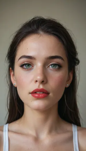 8k, (masterpiece), (detailed), super hot face, face focus, ((18 years old)), european college freshman, long messy black hair, green eyes, red lipstick, black eyeliner, nose piercing, perky little breasts