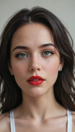 8k, (masterpiece), (detailed), super hot face, face focus, ((18 years old)), european college freshman, long black hair, green eyes, red lipstick, black eyeliner