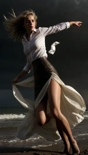 beach, professional photography, high quality, artistic, soft, romantic atmosphere, beautiful thin blonde woman secretary, wet, united white shirt, show panties, upskirt, storm, long skirt, stockings, (((windyskirtlift))), (((wind lifring skirt))), ((Wind)), (((strong wind))), hairy pussy, undressing, sunlight_str1, <lora:add-detail-xl:2>, <lora:dark:.8>, <lora:undressing_XL_v1:2>, <lora:sunlight_str1-SDXL_v1-dim64-steps1691:.8>