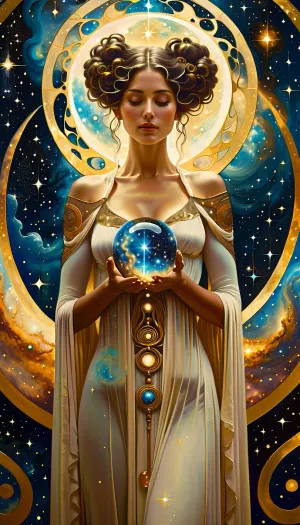 Art nouveau painting, woman as primordial glass deity, hair made of smoke, forging spiral galaxies in glass orbs, holding milky way orb, black hole anvil, comet-tail blowpipe, Milky Way flowing from her cloak, star-forge workshop floating in nebula, Klimt gold accents, <lora:MJ52:.8>
