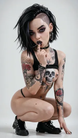 emo woman, lots of tattoos, lots of piercings, dark hair, pale skin, scene outfit, emo hair, large lips, full body view, sexy pose sucking finger, titcup, <lora:titcupv2_SDXL:.8>