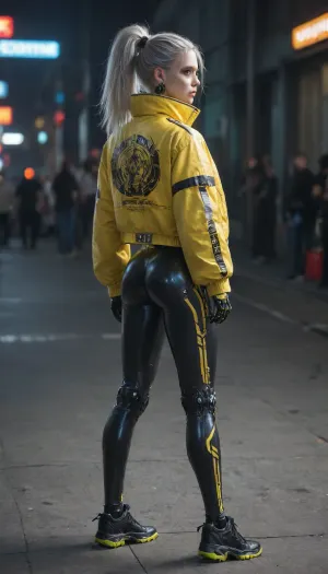 zoomed out full body portrait, ((Asian cyborg girl with human face:1)), robotic skeleton with visible neon robotic organs, many face scars and many tattoos, platinum hair in high ponytail, cyberpunk city, standing wearing yellow reflective jacket with green logo on back, rear view looking back, <lora:PAseer-SDXL-Transparent Robot:.5>, <lora:DetailedEyes_V3:.1>