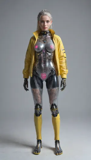 zoomed out full body portrait, ((Asian cyborg girl with lights attached to helmet:.5)), many face scars and many tattoos, (transparent neon pink and neon green robotic arms), (plasma red and plasma yellow robotic legs), (plasma blue robotic feet), robotic skeleton with visible plasma robotic organs, platinum hair in high ponytail, wearing yellow medic jacket giant raised collar, <lora:PAseer-SDXL-Transparent Robot:.1>, <lora:DetailedEyes_V3:.1>