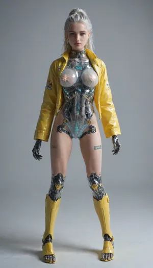 zoomed out full body portrait, ((Asian cyborg girl with lights attached to helmet:.5)), many face scars and many tattoos, (transparent neon pink and neon green robotic arms), (plasma red and plasma yellow robotic legs), (plasma blue robotic feet), robotic skeleton with visible plasma robotic organs, platinum hair in high ponytail, wearing yellow medic jacket giant raised collar, <lora:PAseer-SDXL-Transparent Robot:.5>, <lora:DetailedEyes_V3:.5>