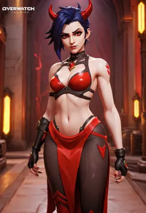 Video game character design, (1girl), (full body), demon girl, evil smile, full body, straight demon horns, slutty clothes, no bra, no underwear, revealing, emo and goth accessories, (thick hips), black hair, (red skin), Wide hips, makeup, short skirt, thick eyebrows, eyeshadow, lips, simple abstract background, Perfect Hands, video game graphics, 3d design, 3d graphic, 3d anime, cartoon, Anime, zenless zone zero graphics style, genshin impact graphics style, stylized shader, 3d anime videogame shader, perfect hands, perfect fingers, stylized, very detailed, detailxl, ForniteStyle, arcane, style, zenless zone zero, overwatch, <lora:sxz-texture-sdxl:1>, <lora:OWStyleYeiyeiArt-8:.7>, <lora:arcane_style_xl_v1:1.2>
