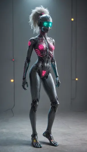 zoomed out full body portrait, ((Asian cyborg girl with human face and lights on helmet:1)), (neon pink and neon green robotic arms), (robotic legs), (neon blue robotic feet), robotic skeleton with visible neon robotic organs, many face scars and many tattoos, platinum hair in high ponytail, <lora:PAseer-SDXL-Transparent Robot:.5>