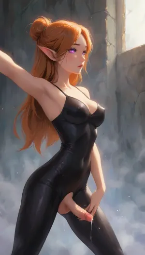 (Dark elf sorceress), glowing violet eyes, (detailed eyes), (perfect eyes), long orange hair, deep cleavage, seductive gaze, She's masturbating in the Ballet Hall, one hand masturbation, wearing a black latex ballet suit, bare breasts, with her short penis peeking out from under the black latex underpants, her hair in a bun, smooth black skin, big round boobs, erect nipples, shiny body, toned abs, narrow waist, curvy hips, Profile view, looking from the side, sticking his ass up, testicles hanging down, seductive pose, soft fog, erotic fantasy lighting, NSFW, masterpiece, highly detailed, futanari, futanari short penis, testicles, erection, futa_overflow, cum in ballet hall, dripping cum in ballet hall, solo, bangs, eye, focus, orgasm face, sparkle, looking, at, viewer, glowing, eyelashes, <lora:J_cartoon:.3>, <lora:Animated_Concept:.3>, <lora:samdoesarts1.1-000030:.3>, <lora:209970_training_data:.8>, <lora:Jeweled eyes-NAI:.8>