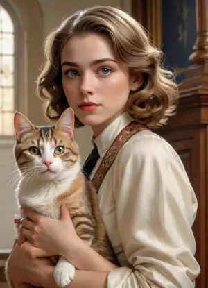 1girl and 1cat, J.C., Leyendecker, Style, page, <lora:SimplePositive_XL_v1_AutoRunMech:.5>, <lora:J.C. Leyendecker Style:.8>