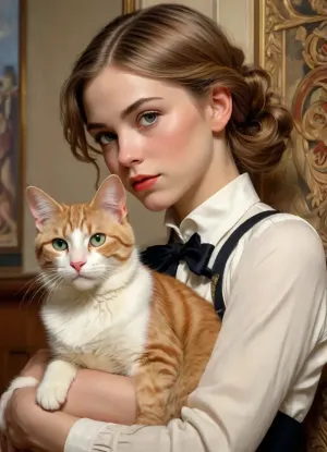 1girl and 1cat, J.C., Leyendecker, Style, page, <lora:SimplePositive_XL_v1_AutoRunMech:.5>, <lora:J.C. Leyendecker Style:.8>