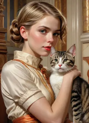 1girl and 1cat, J.C., Leyendecker, Style, page, <lora:SimplePositive_XL_v1_AutoRunMech:.5>, <lora:J.C. Leyendecker Style:.8>