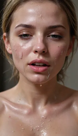 her body is covered with cum on face and tits, cum dripping from vegina