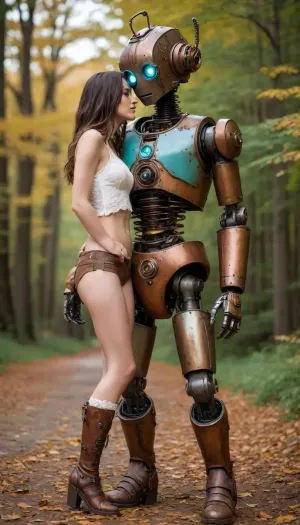 A photo of a whimsical robot character in a steampunk style. The robot has a round, weathered metallic head with large turquoise eyes and a simple smiling expression. The head features antenna-like protrusions on top and is adorned with mechanical details and rust spots. The robot wears a worn brown leather coat with metal buttons and straps, and a black backpack strap. Its body is constructed with mechanical joints and gears, particularly visible in the legs which are made of copper-colored metal segments. The robot stands on brown leather boots with metal accents. A gorgeous woman with long dark hair is kissing passionately the robot's cheek. She is wearing a white cropped tank top and white lace thong. Barefoot. She is rising up her foot. The background is softly blurred with autumn colors, featuring fallen leaves on the ground. The overall color palette consists of browns, rust oranges, and metallic silvers, with the turquoise eyes providing a striking contrast. The robot has a friendly, child-like appearance despite its mechanical nature, with a slightly oversized head compared to its body proportions.