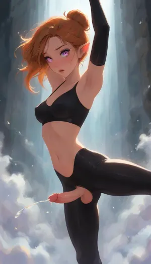 (Dark elf sorceress), glowing violet eyes, (detailed eyes), (perfect eyes), long orange hair, deep cleavage, seductive gaze, She's dancing in the Ballet Hall, wearing a black latex ballet suit, bare breasts, with her short penis in chastity peeking out from under the black latex underpants, her hair in a bun, smooth black skin, big round boobs, erect nipples, shiny body, toned abs, narrow waist, curvy hips, Profile view, looking from the side, sticking his ass up, testicles hanging down, ballet pose, ballet dancing, soft fog, erotic fantasy lighting, NSFW, masterpiece, highly detailed, futanari, futanari short chastity penis, testicles, erection, futa_overflow, cum in chastity, dripping cum in ballet hall, solo, bangs, eye, focus, orgasm face, sparkle, looking, at, viewer, glowing, eyelashes, <lora:J_cartoon:.3>, <lora:Animated_Concept:.3>, <lora:samdoesarts1.1-000030:.3>, <lora:209970_training_data:.8>, <lora:Jeweled eyes-NAI:.8>
