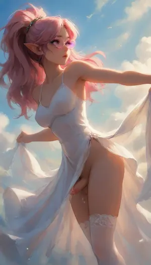 (Dark elf sorceress), glowing pink glasses, (detailed eyes), (perfect eyes), long pink hair, deep cleavage, seductive gaze, In zero gravity, floating in the clouds, the sky in the background, dancing in the clouds, long curly pink hair in pigtails, wearing a pink idol dress, big pink glasses, lifting the hem of the dress with two hands, showing the penis under the dress, high white lace stockings, smooth black skin, big round boobs, erect nipples, shiny body, toned abs, narrow waist, curvy hips, Profile view, looking from the side, sticking his ass up, testicles hanging down, ballet pose, ballet dancing, soft fog, erotic fantasy lighting, NSFW, masterpiece, highly detailed, futanari, futanari short penis, testicles, erection, futa_overflow, cum in zero gravity, dripping cum in floating, solo, bangs, eye, focus, confused face, sparkle, looking, at, viewer, glowing, eyelashes, <lora:J_cartoon:.3>, <lora:Animated_Concept:.3>, <lora:samdoesarts1.1-000030:.3>, <lora:209970_training_data:.8>, <lora:Jeweled eyes-NAI:.8>