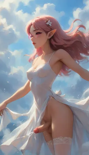 (Dark elf sorceress), glowing pink glasses, (detailed eyes), (perfect eyes), long pink hair, deep cleavage, seductive gaze, In zero gravity, floating in the clouds, the sky in the background, dancing in the clouds, long curly pink hair in pigtails, wearing a pink idol dress, big pink glasses, lifting the hem of the dress with two hands, showing the penis under the dress, high white lace stockings, smooth black skin, big round boobs, erect nipples, shiny body, toned abs, narrow waist, curvy hips, Profile view, looking from the side, sticking his ass up, testicles hanging down, ballet pose, ballet dancing, soft fog, erotic fantasy lighting, NSFW, masterpiece, highly detailed, futanari, futanari short penis, testicles, erection, futa_overflow, cum in zero gravity, dripping cum in floating, solo, bangs, eye, focus, confused face, sparkle, looking, at, viewer, glowing, eyelashes, <lora:J_cartoon:.3>, <lora:Animated_Concept:.3>, <lora:samdoesarts1.1-000030:.3>, <lora:209970_training_data:.8>, <lora:Jeweled eyes-NAI:.8>