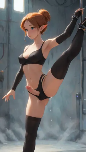 (Dark elf sorceress), (detailed eyes), (perfect eyes), long orange hair, deep cleavage, seductive gaze, cybernetic body, mechanical arms, mechanical hands, She's masturbating in the Ballet Hall, one hand masturbation, wearing a black latex ballet suit, bare breasts, with her short penis peeking out from under the black latex underpants, her hair in a bun, smooth black skin, big round boobs, erect nipples, shiny body, toned abs, narrow waist, curvy hips, Profile view, looking from the side, sticking his ass up, testicles hanging down, ballet pose, ballet dancing, soft fog, erotic fantasy lighting, NSFW, masterpiece, highly detailed, futanari, futanari short penis, testicles, erection, futa_overflow, cum in ballet hall, dripping cum in ballet hall, orgasm face, <lora:J_cartoon:.3>, <lora:Animated_Concept:.3>, <lora:samdoesarts1.1-000030:.3>, <lora:209970_training_data:.8>, Futur1st1c, Sc0ut, G1rl, girl, neon, laboratory, holographic, light, <lora:Futuristic_Scout_Girl:.8>