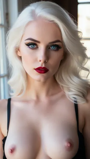 ziprealism, (smug, expressive eyes, breathtaking eyes, mesmerizing eye contact), (silky hair, brilliant white hair, stark white hair, stylish hairstyle), (vivid lipstick, heavy eyeshadow, dark eyeshadow, bold eyeliner:1.4), (sharp chin, chiseled cheekbones, triangular face, full lips), (medium full shot, professional lighting, tight focal length, rule of thirds framing:1.2), (sharp focus, focus on breaats, perfect eyes), (crystal blue eyes, catchlights, detailed eyes, limbal ring), posing in front of sunny window, streaming sunlight, godrays, (pale breasts, soft breasts, pale nipples:1.4), natural skin texture, soft bokeh, <lora:add-detail-xl:.8>