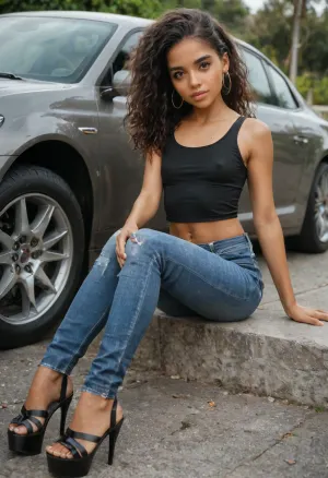 young latina woman, slim, flat breasts, denim pants, black tank top with neckline, hoop earring, flat sandals, flat heels, ultra realistic, takes off her shoes to give me a footjob while I drive the car, cumshot on jeans and top