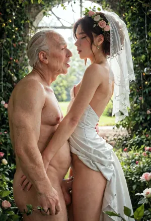 (bride secretly fucking old man at wedding behind shrubbery), slender figure, small breasts, tight white dress, old man with huge veiny cock fucks bride, dominant old male fucks brise, deep vaginal penetration, outdoor garden setting, (flower arch), (string lights), rose petals on grass, green hedges, (soft natural light), (late afternoon sunlight), guests in distance, voyeuristic angle, (bush leaves framing), aisle visible, illicit secret vibe, vaginal sex, creampie, detailed face, detailed eyes, zavy-rmlght, 4ng3l, face, <lora:SDXLHighDetail_v6-000005:.8>, <lora:zavy-rmlght-sdxl:1.2>, <lora:SDXL_BetterFaces-LoRA_v1:1.2>
