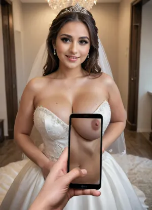 (POV from groom, only a male hand holding a phone to the camera:1.4), (sexy slutty bride sitting in front), looking directly at the camera with a mischievous seductive smile, wearing an extremely sexy modern wedding dress, curvy body, (super busty:1.5), confident posture, soft wedding hall background, realistic lighting, high detail, cinematic shot", majikfone, <lora:Magikfone_XL_0.4:1>