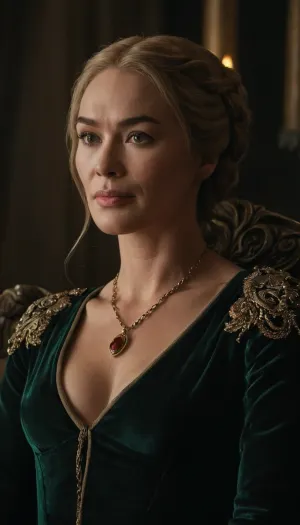 Dramatic, hyperrealistic 8k portrait of Cersei Lannister, (40-45 yo), powerfully defiant, in a regal pose. Black velvet gown, ((one breast out)), (gold lion embroidery), jeweled goblet, ebony throne. Intense gaze, platinum braids, sharp features, emerald eyes. Chiaroscuro lighting, dimly lit throne room, (stone walls, war tapestries, candles), . Cinematic, dark fantasy style. Three-quarter view, shallow depth of field. Cersei, Lannister, a, with, c4st6l, crsi, woman, long, blonde, hair, red, dress, green, black, short, she, is, wearing, lann, outfit, smiling, <lora:cersei crsi woman sdxl:.8>