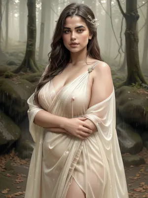 A photorealistic, capturing a breathtaking young obese woman in a natural setting. She is immersed in a moment of quiet intensity—, [her expression serene yet magnetic], . Her, [soaked lightweight flowing dress], subtly hugs her form, touched by the elements—, [a gentle breeze / soft rain / golden sunlight], ., [Raindrops glisten across her skin / Light dances on her collarbone / Her soaked hair streams like silk], . The background—, [a misty forest], —enhances the dreamlike atmosphere. Every detail, from, [the texture of her garment], to, [the reflection in her eyes], is rendered with cinematic realism, evoking both beauty and emotional depth., <lora:[hikari]visiblenipples_v1:1.6>