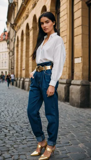 dark blue baggy paperbag slouchy jeans, very long hair, gold belt, prague, slouchy style, ponytail, black hair, white blouse, gold shoes