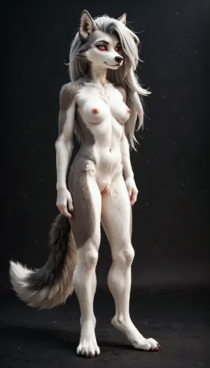 ((anthropomorphic gray wolf body:2), Loona helluva boss, (furry:2)), black thigh-high nylons, nude, full body view, serious, long hair, small tits, detailed dark background., <lora:MS_Real_XL_Tentacles:1>