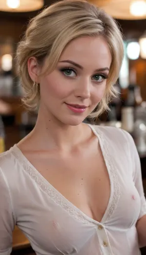 1girl beautiful American woman, 23 years old, green eyes, (((wing-tip eyeliner))), sexy short blonde hair, thin face, high cheekbones, small flirty smirk, smiling eyes, bartender, standing behind the bar, handing a beer to the viewer, seductive, pale, firm medium boobs, skinny, white button-up blouse, no bra under shirt, (((nip slip))), high detailed skin, 8k uhd, dslr, high quality, detailed skin texture, highly detailed hair, sharp body, highly detailed body, realistic, soft focus, insanely detailed, highest quality, light freckles, skin pores, skin imperfections, glowing hair, high resolution photography on a canon camera, friendly, flirty