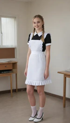 beautiful blonde 18 years old with ponytails woman, white bows, black dress, white apron, soviet schoolgirl, white lingerie, white shoes, high heels, lewddungeon, rclassroom background, Cinematic, laughing, 4k epic detail, shot on kodak, 35mm photo, sharp focus, high budget, cinemascope, moody, epic, gorgeous, film grain, grainy, score_9, score_8_up, score_7_up, rating, suxl, <lora:suxl:.8>