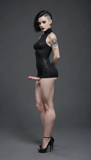 one person, Goth, goth futanari, (full body visible, Crossing legs), (pale skin:1.8), (body type fit:1.7), narrow face, thin neck, (short undercut hairstyle), black hair, (small cock:1.1), (The futanari has a veiny erect cock), (round ass:1.2), (muscular legs:1.3), (small tits:1.4), ((heels strips), (bodypantyhose), (Tight turtleneck form-fitting transparent elastic dress:1.3), ((Arms tattoo)), pubis tattoo, black choker, goth make-up, black lipstick)