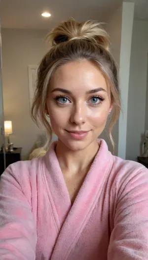 ((ultimate quality:1.5)), score 9, score 8, iphone bathroom mirror selfie.
wearing a thick pink bathrobe, laying in bed, against her pillow, early morning, tack sharp, UHD, Uncomfortable, shy pose, vulnerable, please stop, mobile selfie, full mirror selfie, bathroom mirror selfie, nice smile, side smile, smouldering look, Picture taken at unique angles, sexy selfie, funny selfie, silly face, Instagram selfie, Facebook selfie, .

About her, She is 39 years old female mom, wife, her height is 175cm., ((smokey blonde thick hair in a messy ponytail)), .
long round oval face, with light blue eyes, (small bust), size b breasts, sagging tits, perky little breasts, Sun Tanned skin.
Hair is long full and bouncy., .

olddigitalcamera, raw, light, leak, film, grain, jpeg, artifacts, low, res, quality, <lora:Old_Digital_Camera:.8>, .
tongue, out, ahegao, drool, <lora:ahegao_mr_chrisma:.8>